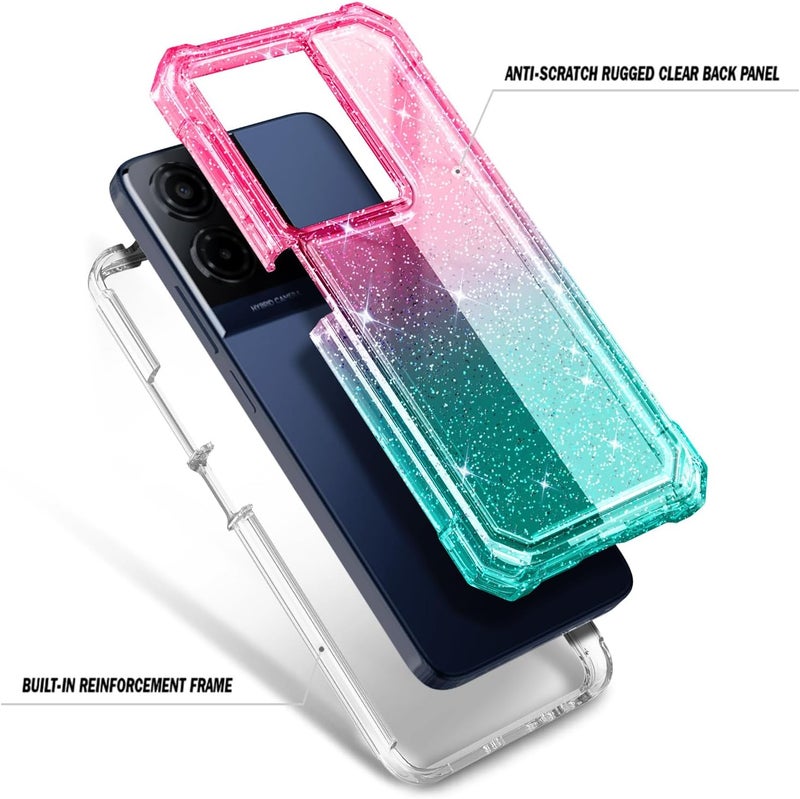 WDHD Compatible with TCL K32 5G & K33 5G Phone Case Glitter Pink/Aqua | Full-Body Protective Shockproof Rugged Bumper Cover with Screen Protector, Raised Corners Drop Protection - Image 3